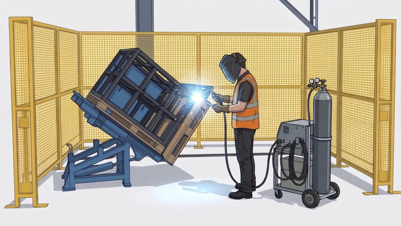Illustration : basculeur de charges type 1, charge inclinée à hauteur de travail pour une opération de soudure