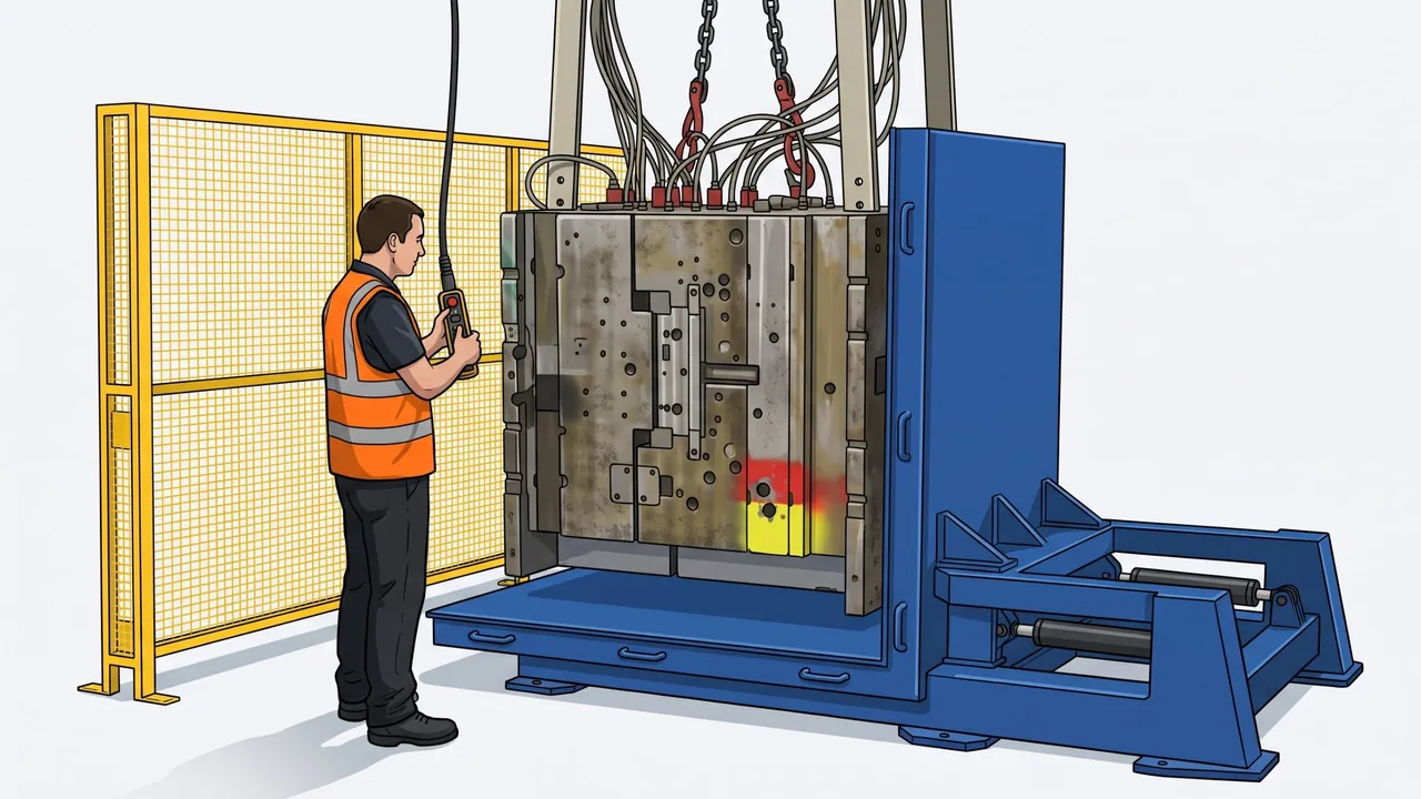 Illustration : basculeur de charges type 2, moule d’injection industriel suspendu au pont roulant sur un châssis haut