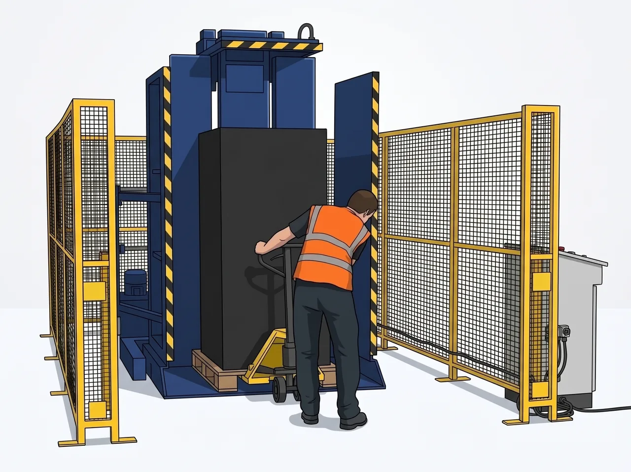 Illustration : charge palettisée amenée au transpalette dans le Pallet Changer, chargement au sol