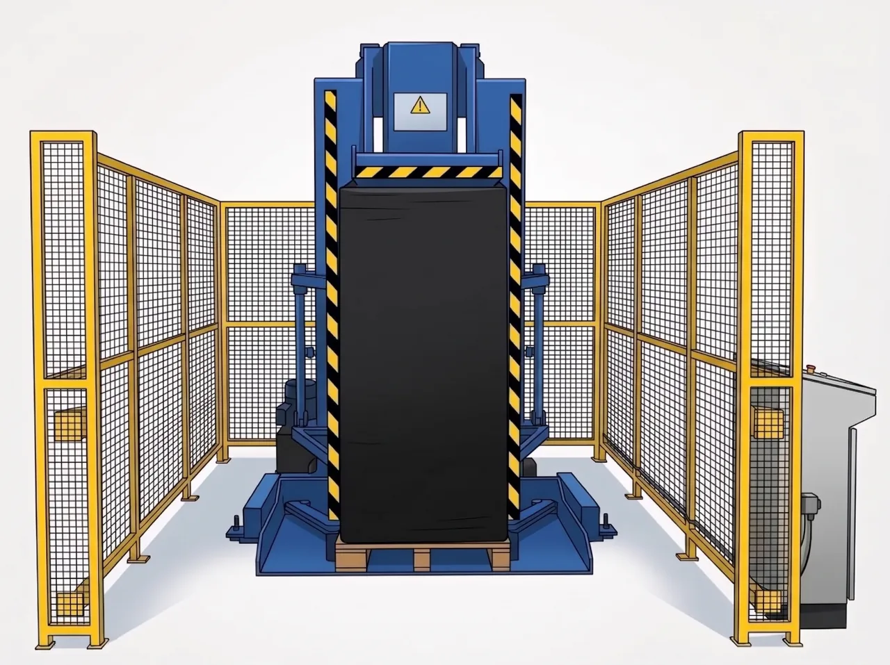 Illustration : table supérieure et plateaux latéraux du Pallet Changer serrés sur la charge